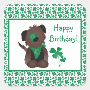 Pegatina Cuadrada Feliz cumpleaños Día del perro Shamrock Green
