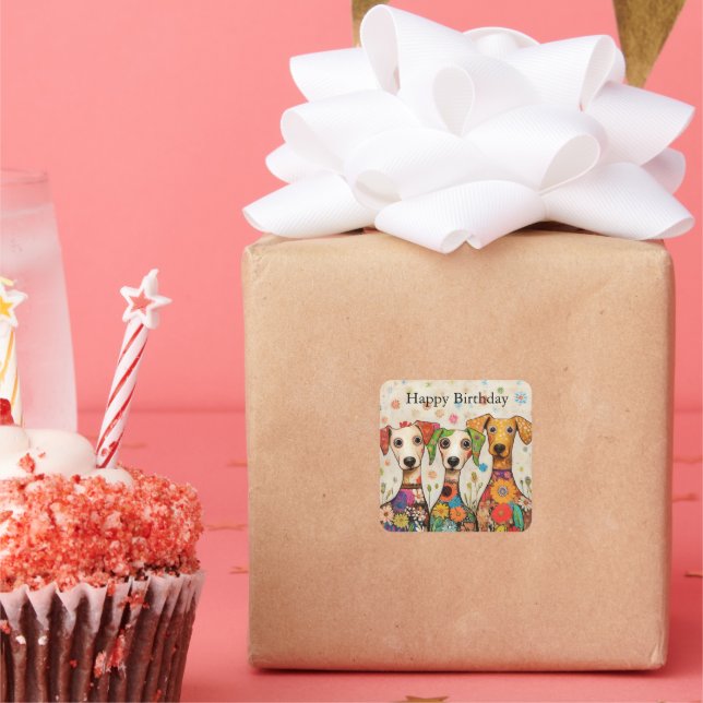 Pegatina Cuadrada ¡Feliz Cumpleaños! Diseño de Perrito Artístico, (Fiesta)
