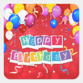 Pegatina Cuadrada Feliz cumpleaños, diversión y fiesta,