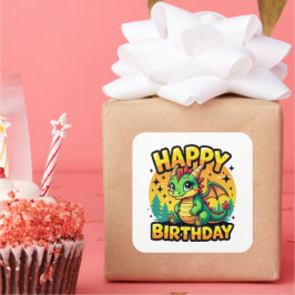 Pegatina Cuadrada Feliz cumpleaños Dragon