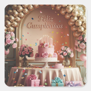 Pegatina Cuadrada “Feliz Cumpleaños” Elegante Cumpleaños Rosa y Dora