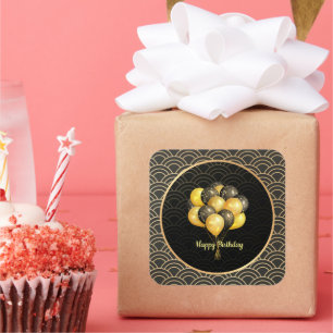 Pegatina Cuadrada Feliz cumpleaños, elegante negro y oro,