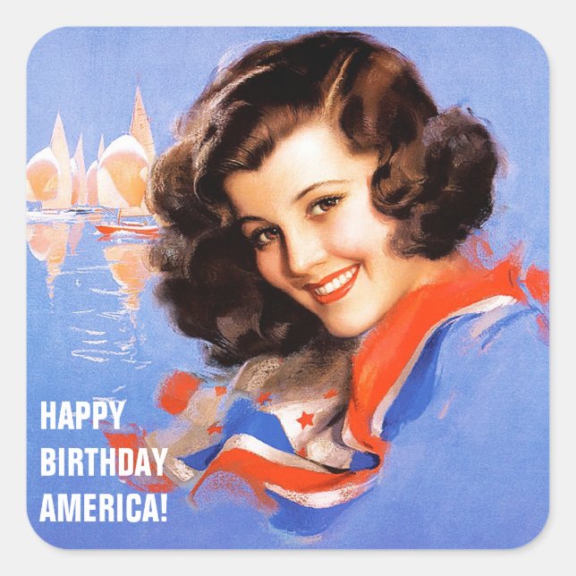 Pegatina Cuadrada Feliz cumpleaños, Estados Unidos. 4 de julio de es (Anverso)