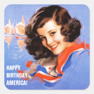 Pegatina Cuadrada Feliz cumpleaños, Estados Unidos. 4 de julio de es