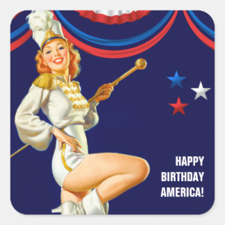 Pegatina Cuadrada Feliz cumpleaños, Estados Unidos. Pin-up retro