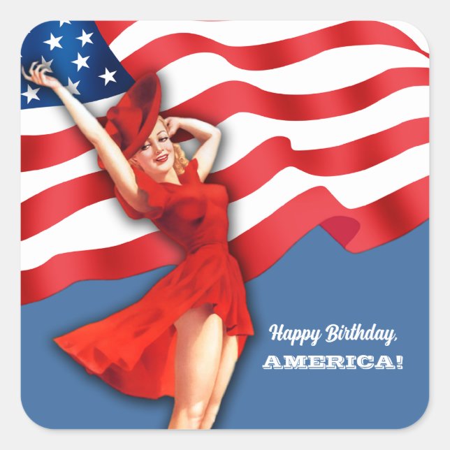 Pegatina Cuadrada Feliz cumpleaños, Estados Unidos. Pin-up retro (Anverso)