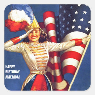 Pegatina Cuadrada Feliz cumpleaños, Estados Unidos. Pin-up retro