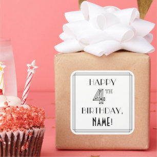 Pegatina Cuadrada FELIZ CUMPLEAÑOS, Estilo Art Decó, Nombre Personal