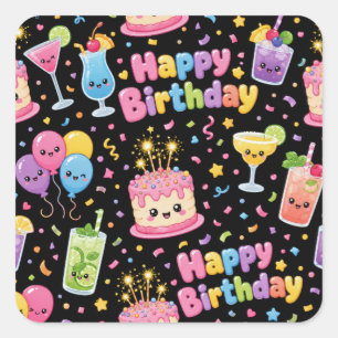 Pegatina Cuadrada Feliz Cumpleaños Fiesta de Arte Kawaii