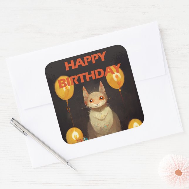 Pegatina Cuadrada ¡Feliz cumpleaños! - fiesta del gato (Sobre)