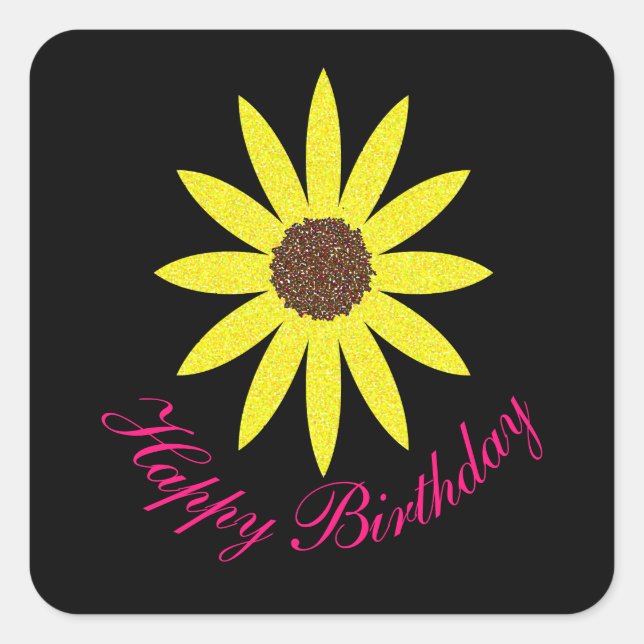 Pegatina Cuadrada Feliz cumpleaños floral girasol rosa amarillo negr (Anverso)