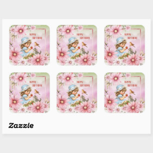 Pegatina Cuadrada Feliz Cumpleaños Floral Vintage Niña Sticker Cuadr