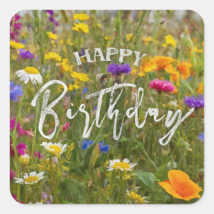 Pegatina Cuadrada Feliz Cumpleaños Flores de Primavera Vibrantes y C