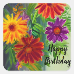 Pegatina Cuadrada Feliz Cumpleaños Flores de Primavera Vibrantes y C