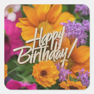 Pegatina Cuadrada Feliz Cumpleaños Flores de Primavera Vibrantes y C