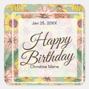 Pegatina Cuadrada Feliz cumpleaños, flores de Zambia