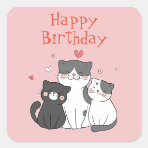 Pegatina Cuadrada Feliz Cumpleaños Gatito Adorable Rosa