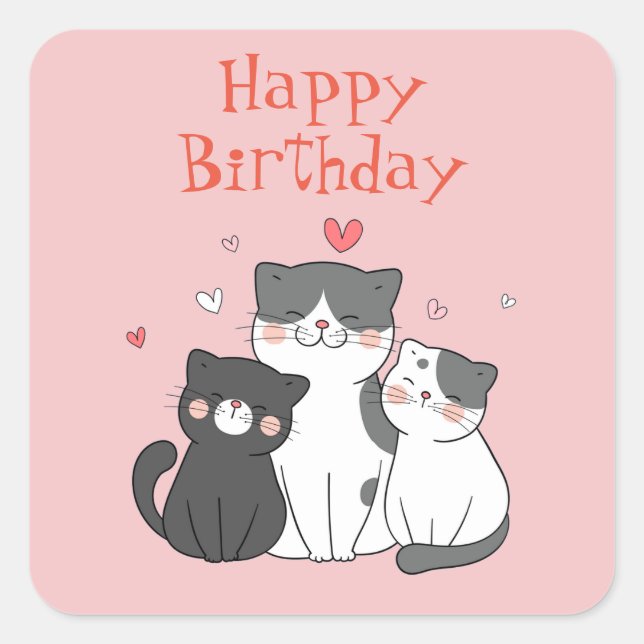 Pegatina Cuadrada Feliz Cumpleaños Gatito Adorable Rosa  (Anverso)