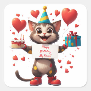 Pegatina Cuadrada Feliz Cumpleaños Gatito Con Globos 🎁