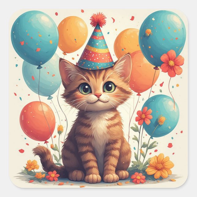 Pegatina Cuadrada Feliz Cumpleaños Gatito Con Globos De Fiesta Y Div (Anverso)