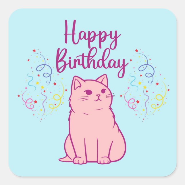 Pegatina Cuadrada Feliz Cumpleaños Gato (Anverso)