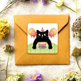 Pegatina Cuadrada Feliz Cumpleaños gato, pastel y globos Sticker