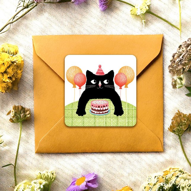 Pegatina Cuadrada Feliz Cumpleaños gato, pastel y globos Sticker (Subido por el creador)