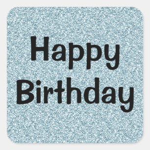 Pegatina Cuadrada Feliz Cumpleaños Glam Azul Plata Brillante Destell