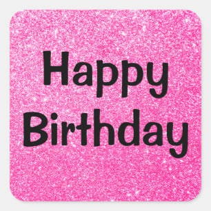 Pegatina Cuadrada Feliz Cumpleaños Glam Negro Brillo Rosa Brillante