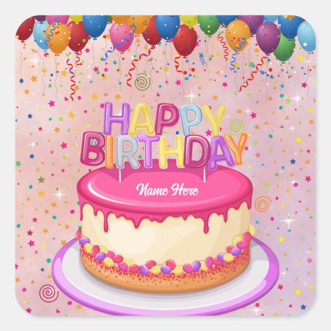 Pegatina Cuadrada Feliz cumpleaños, globo de pasteles y confetti (Anverso)