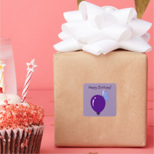 Pegatina Cuadrada ¡Feliz Cumpleaños! Globo Morado y Mariposa Azul