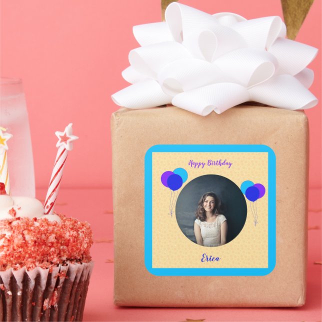 Pegatina Cuadrada Feliz cumpleaños, globos Personalizado, foto y tex (Fiesta)