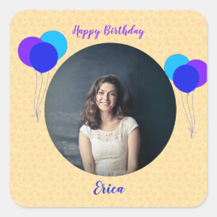 Pegatina Cuadrada Feliz cumpleaños, globos Personalizado, foto y tex