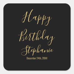 Pegatina Cuadrada Feliz cumpleaños Golden Yellow Black Custom Name