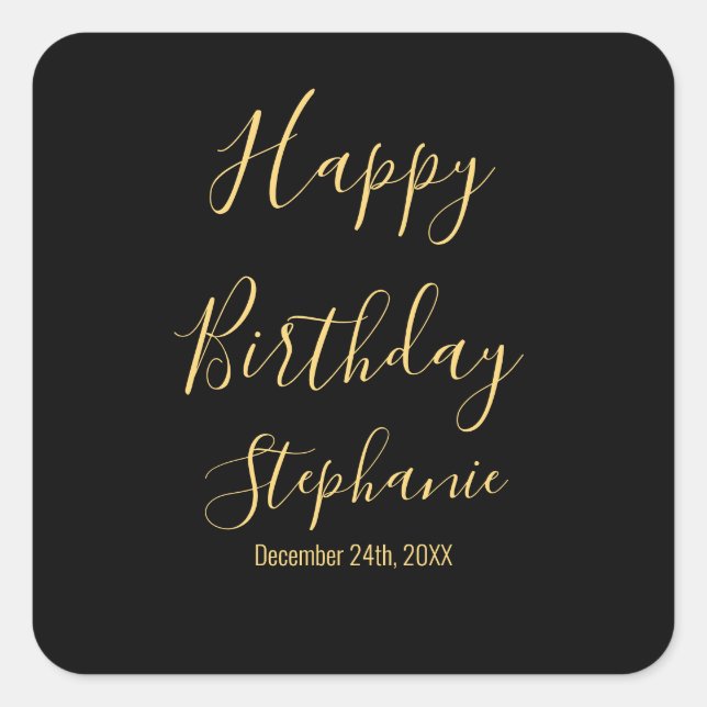 Pegatina Cuadrada Feliz cumpleaños Golden Yellow Black Custom Name (Anverso)