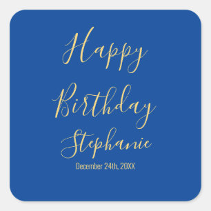 Pegatina Cuadrada Feliz cumpleaños Golden Yellow Blue Custom Name