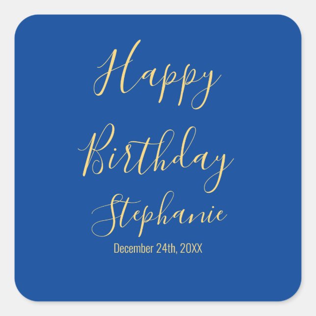 Pegatina Cuadrada Feliz cumpleaños Golden Yellow Blue Custom Name (Anverso)