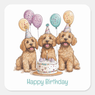 Pegatina Cuadrada Feliz cumpleaños Goldendoodle Dogs Pastel de cumpl
