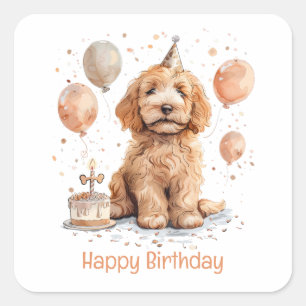 Pegatina Cuadrada Feliz cumpleaños Goldendoodle Perro Pastel de cump