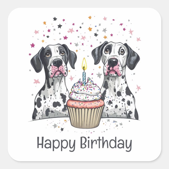 Pegatina Cuadrada Feliz cumpleaños Gran pastel de dane para perros (Anverso)
