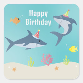 Pegatina Cuadrada Feliz cumpleaños, gran Personalizado de tiburones