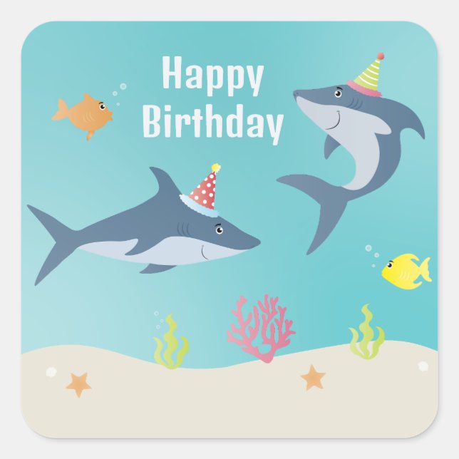 Pegatina Cuadrada Feliz cumpleaños, gran Personalizado de tiburones  (Anverso)