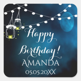 Pegatina Cuadrada Feliz cumpleaños, hilos de luz azul de la luna