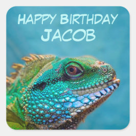 Pegatina Cuadrada Feliz cumpleaños, Iguana