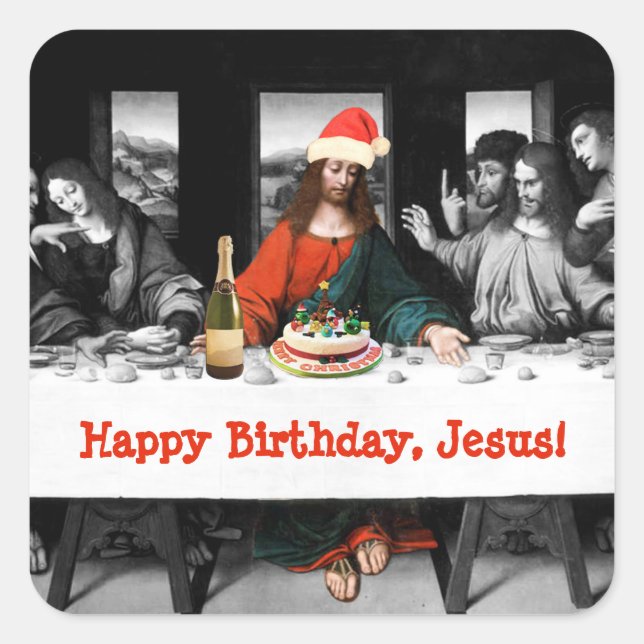 Pegatina Cuadrada ¡Feliz cumpleaños, Jesús! Navidades divertidos (Anverso)
