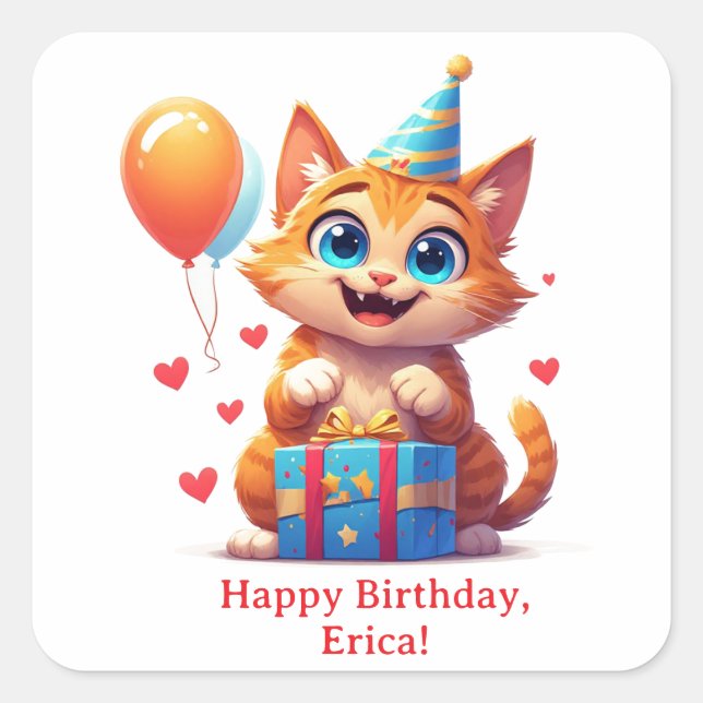 Pegatina Cuadrada Feliz Cumpleaños Kitty Con Sombrero de Fiesta 🐱 (Anverso)