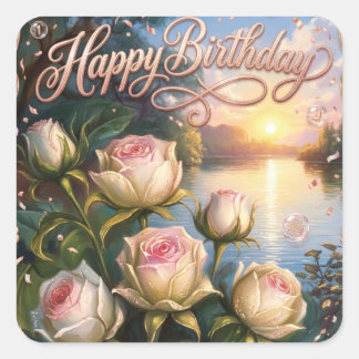 Pegatina Cuadrada Feliz Cumpleaños Lago al Atardecer con Rosas