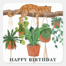 Feliz cumpleaños, leopardo durmiendo con plantas d