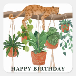 Pegatina Cuadrada Feliz cumpleaños, leopardo durmiendo con plantas d