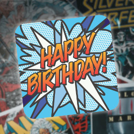 Pegatina Cuadrada FELIZ CUMPLEAÑOS Libro de Cómic Retro Divertido